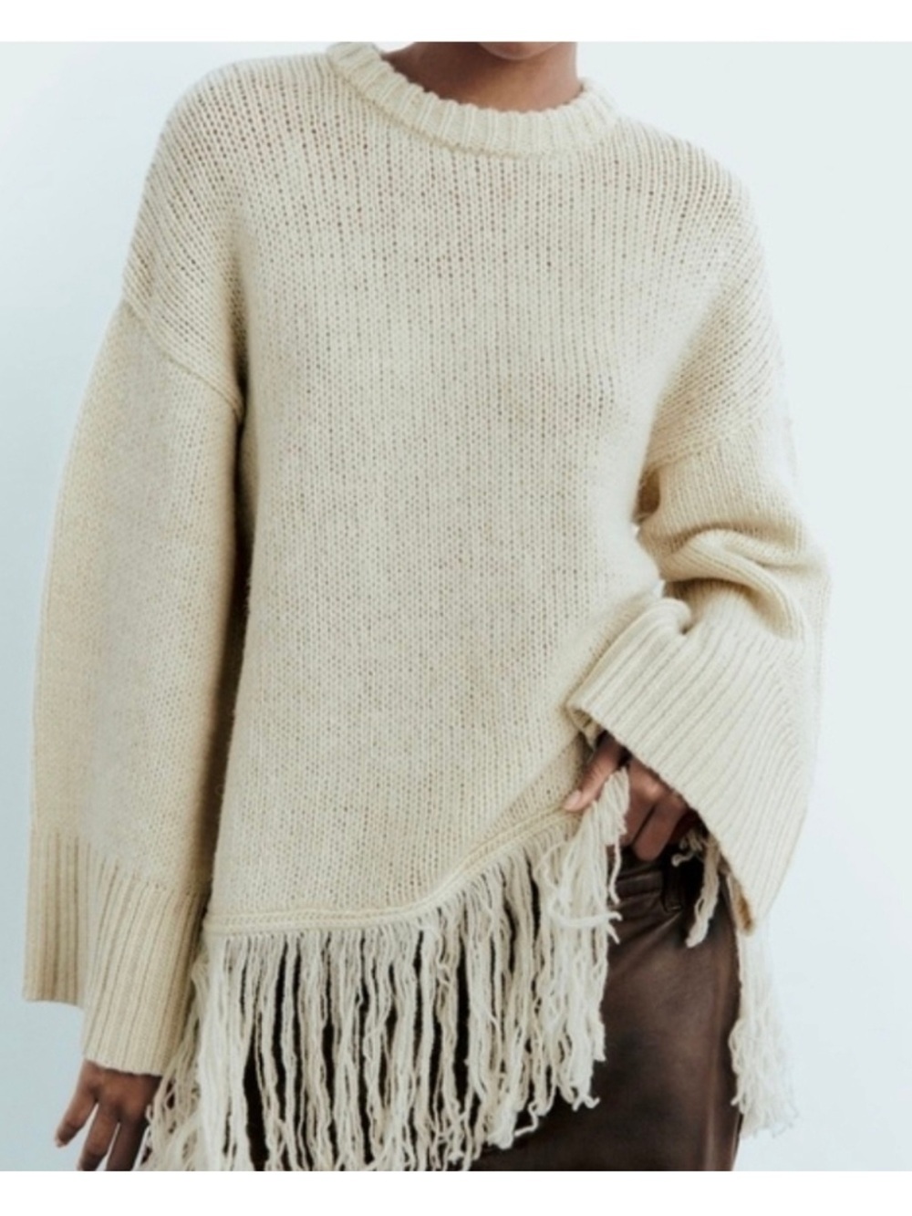 ZARA Fringe Hem Wool Lightweight Oversized Cream Boho Sweater, Medium